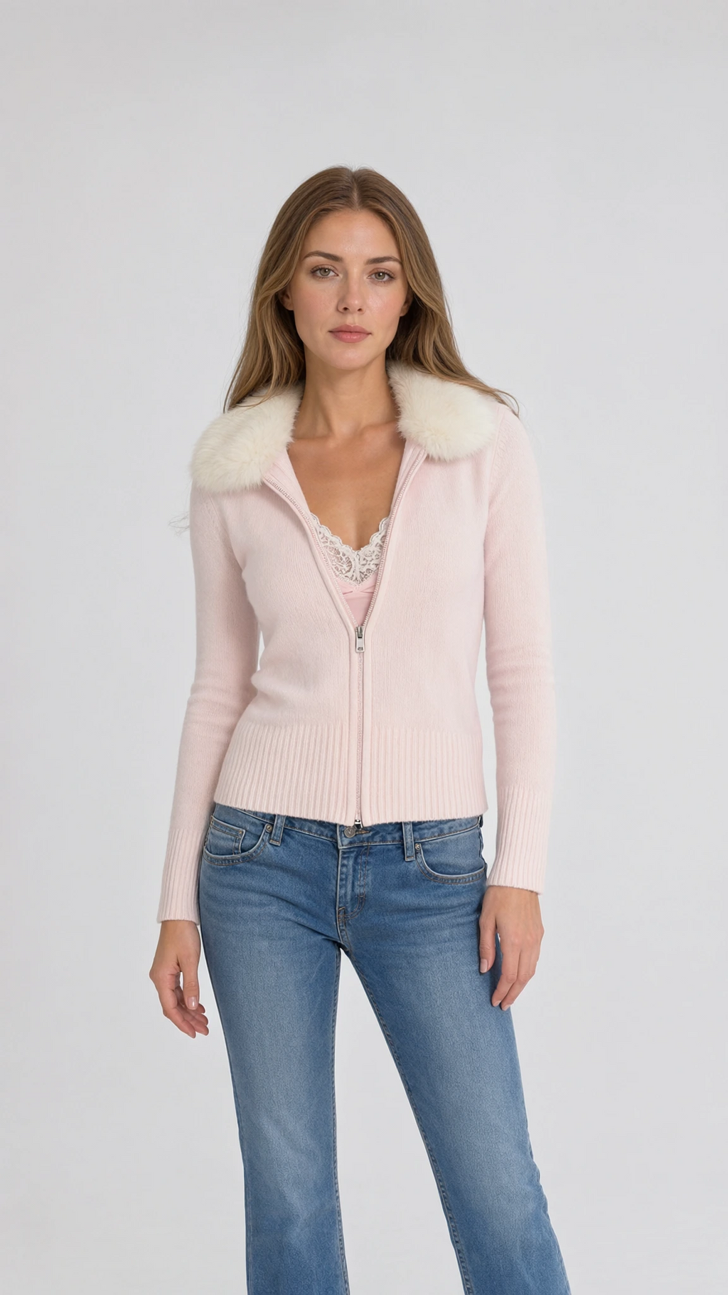 Front view of model wearing pink faux fur collar zip cardigan with jeans