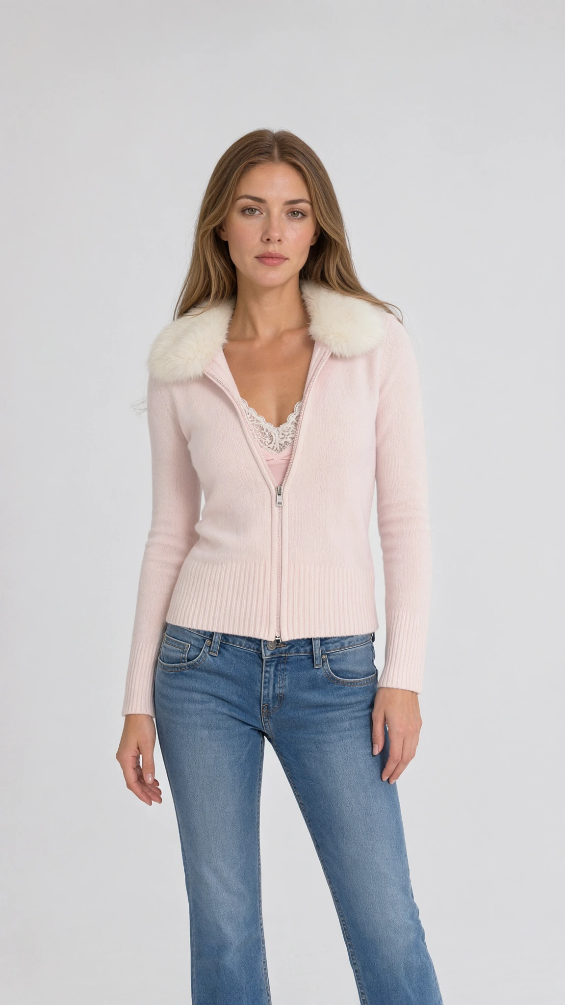 Front view of model wearing pink faux fur collar zip cardigan with jeans