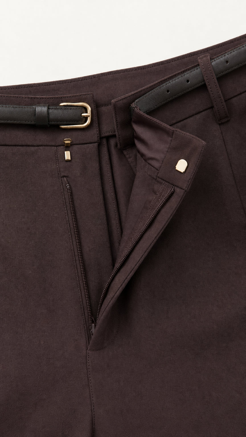 Detail view of dark tailored trousers waistband and belt closure
