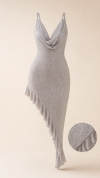 Product display flat lay of silver sparkle cowl neck dress with close-up of ruffle texture