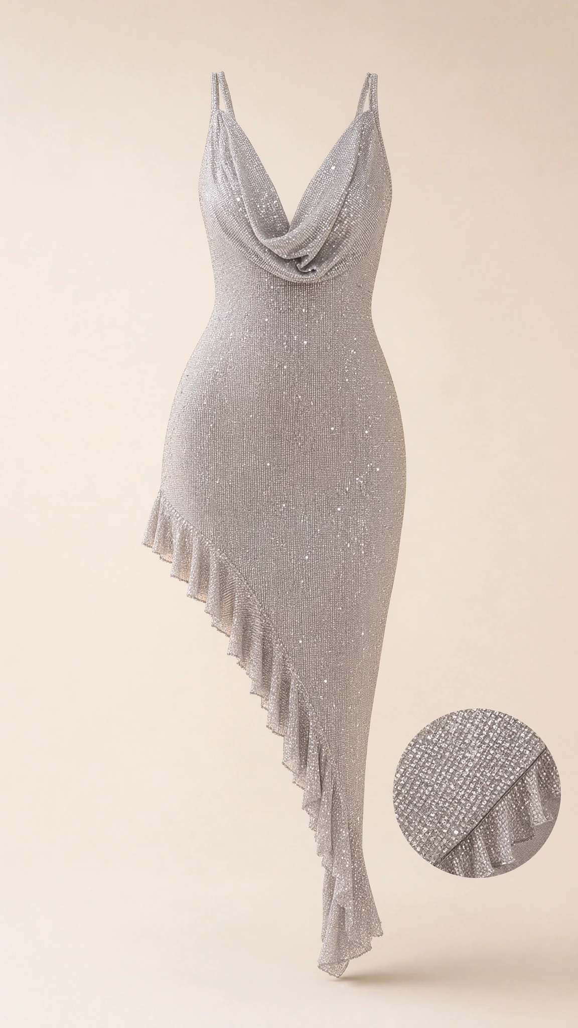 Product display flat lay of silver sparkle cowl neck dress with close-up of ruffle texture