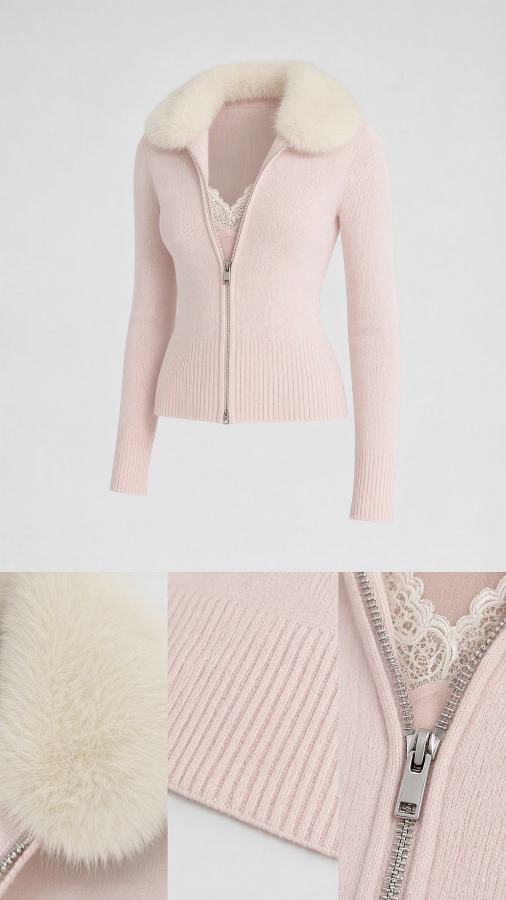 Product flat lay and detail shots of pink zip cardigan and faux fur texture