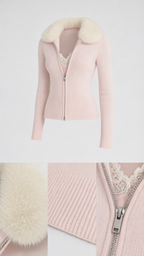 Product flat lay and detail shots of pink zip cardigan and faux fur texture