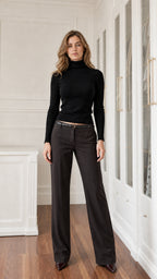 Front view of black slim fit turtleneck long sleeve sweater