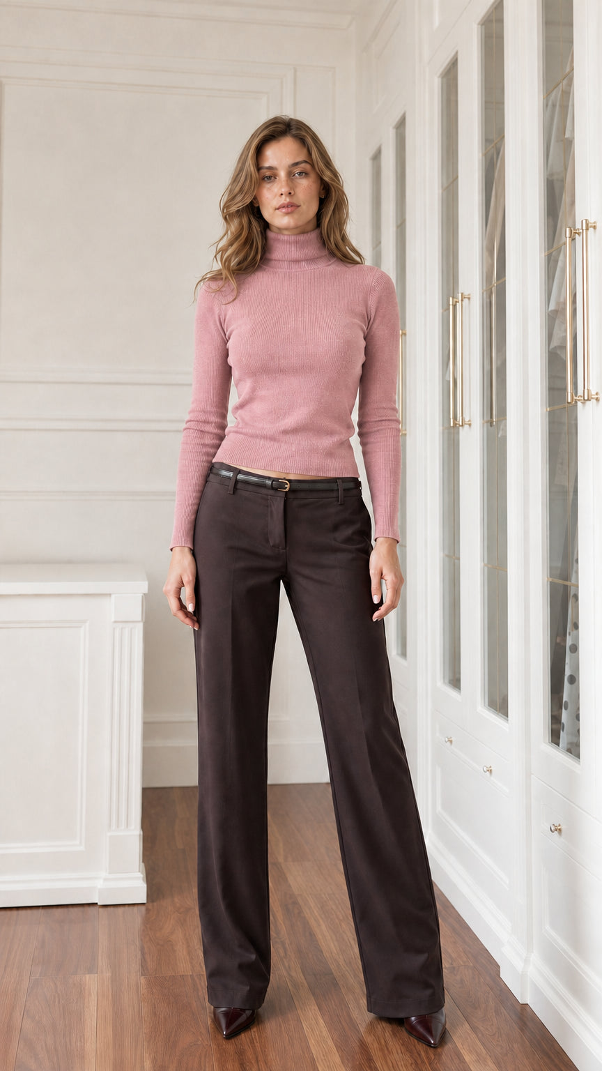 Front view of dusty pink long sleeve turtleneck knit pullover