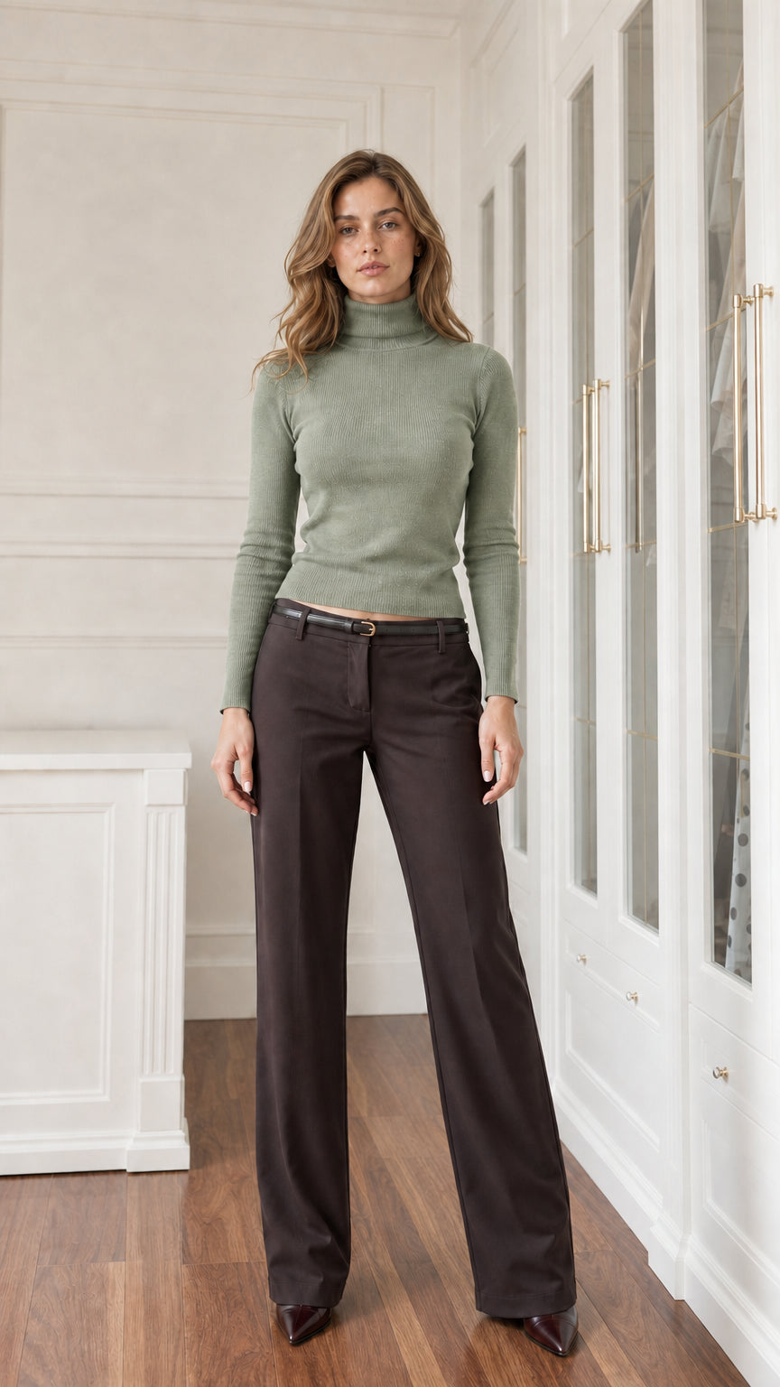 Front view of sage green high neck knit sweater