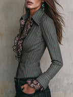 Retro Striped Long Sleeve Blouse with Floral Ruffled Trim