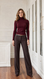 Front view of burgundy wine long sleeve turtleneck top