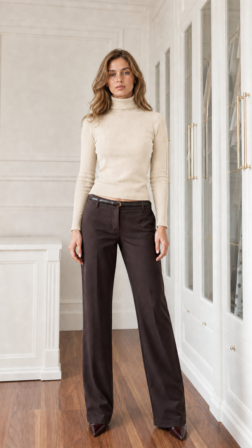 Front view of cream off-white fitted turtleneck sweater