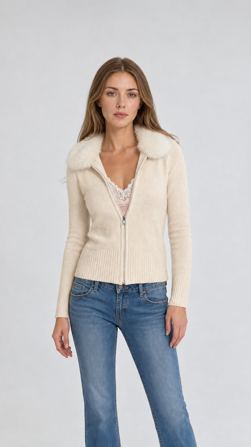 Front view of model wearing cream faux fur collar zip cardigan with jeans