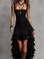 Gothic Lace Multi-Layer Ruffle High-Low Hem Maxi Dress