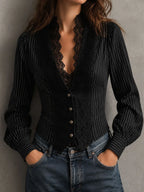 Retro Elegant Black Pinstripe Lace Panel Blouse