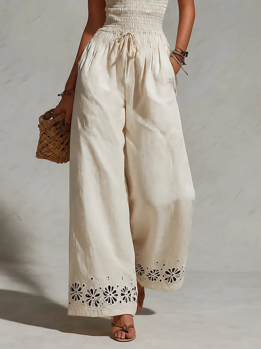 Smocked Strapless Cut-Out Embroidered Wide-Leg Jumpsuit