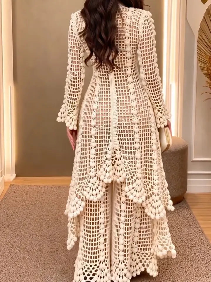 Ivory Openwork Crochet Longline Top & Wide-Leg Pants Set