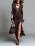 Retro Knit Cardigan & Lace Trim Thigh Slit Maxi Dress