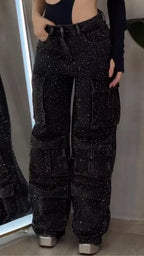 Black Allover Sparkle Multi-Pocket Cargo Jeans