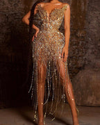 Fringe beaded strapless sexy mini dress