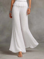 Bohemian Vacation White Crinkled Fabric Studded Top & Wide-Leg Pants Set