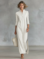 Women's Minimalist White-trimmed Button-down Collar Sweatshirt Maxi Dress