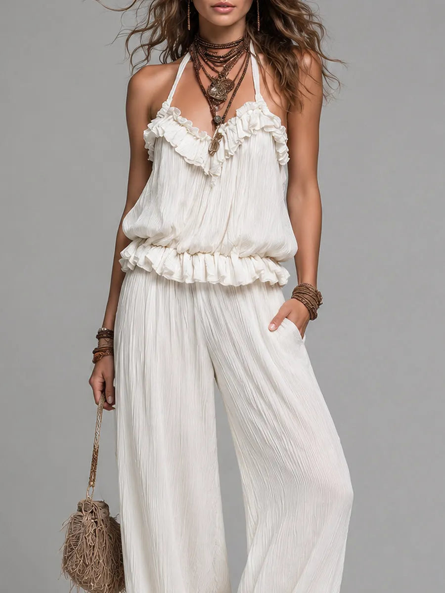 Retro Ruffled Halter Top & Crinkled Chiffon Wide-Leg Pants Set