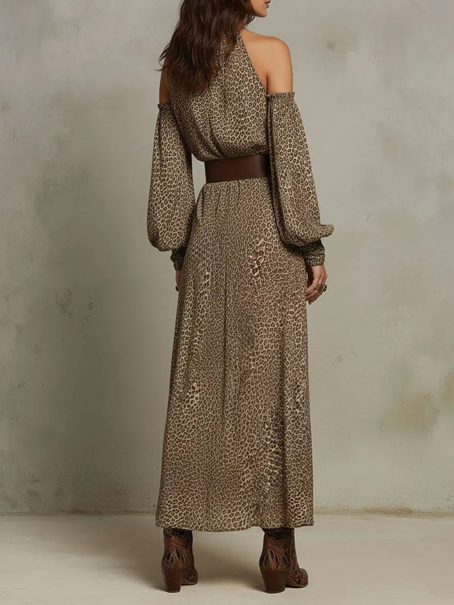 Boho Chic Leopard Pattern Off-Shoulder Midi Dress