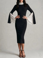 Elegant High Neck Lace Bell Sleeve Pencil And Pearl Embellished Midi Dress