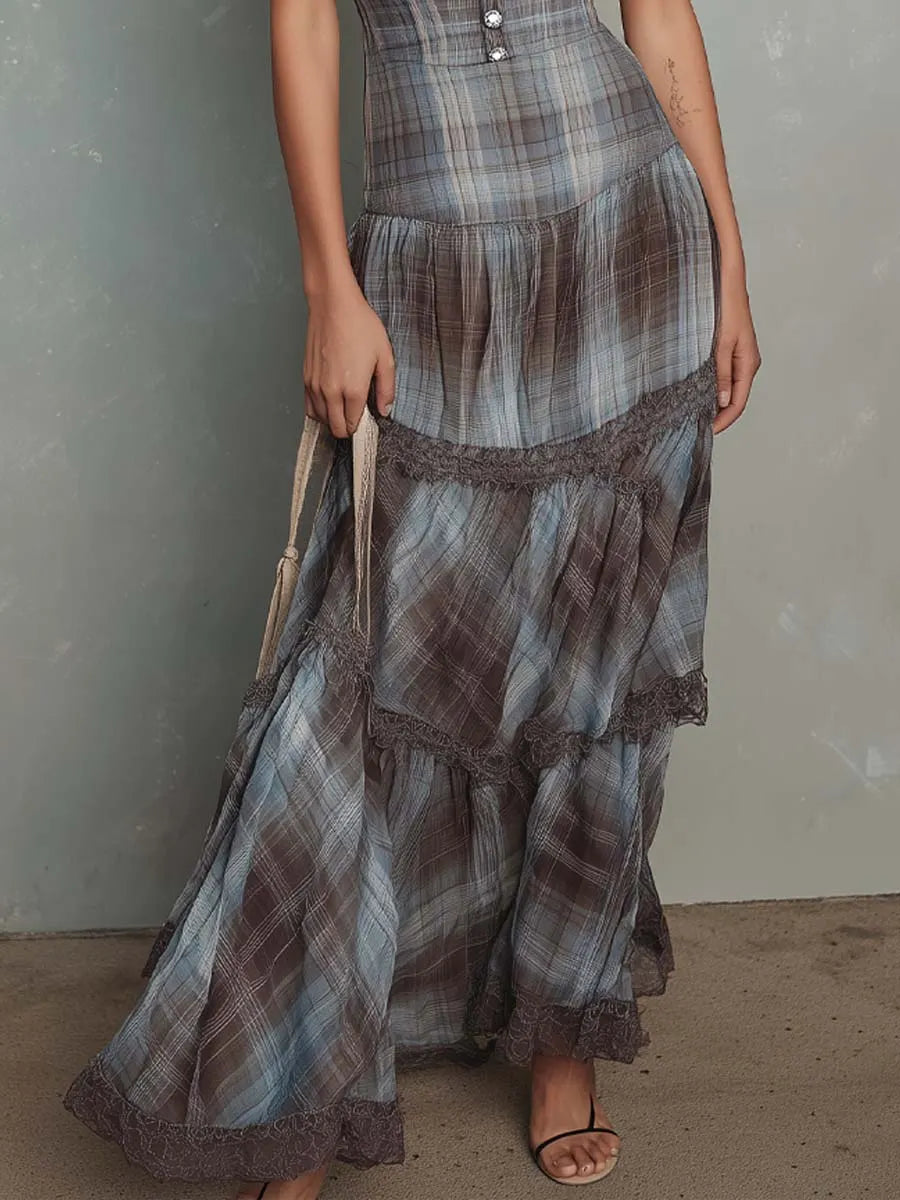 Retro Plaid Chiffon Maxi Dress