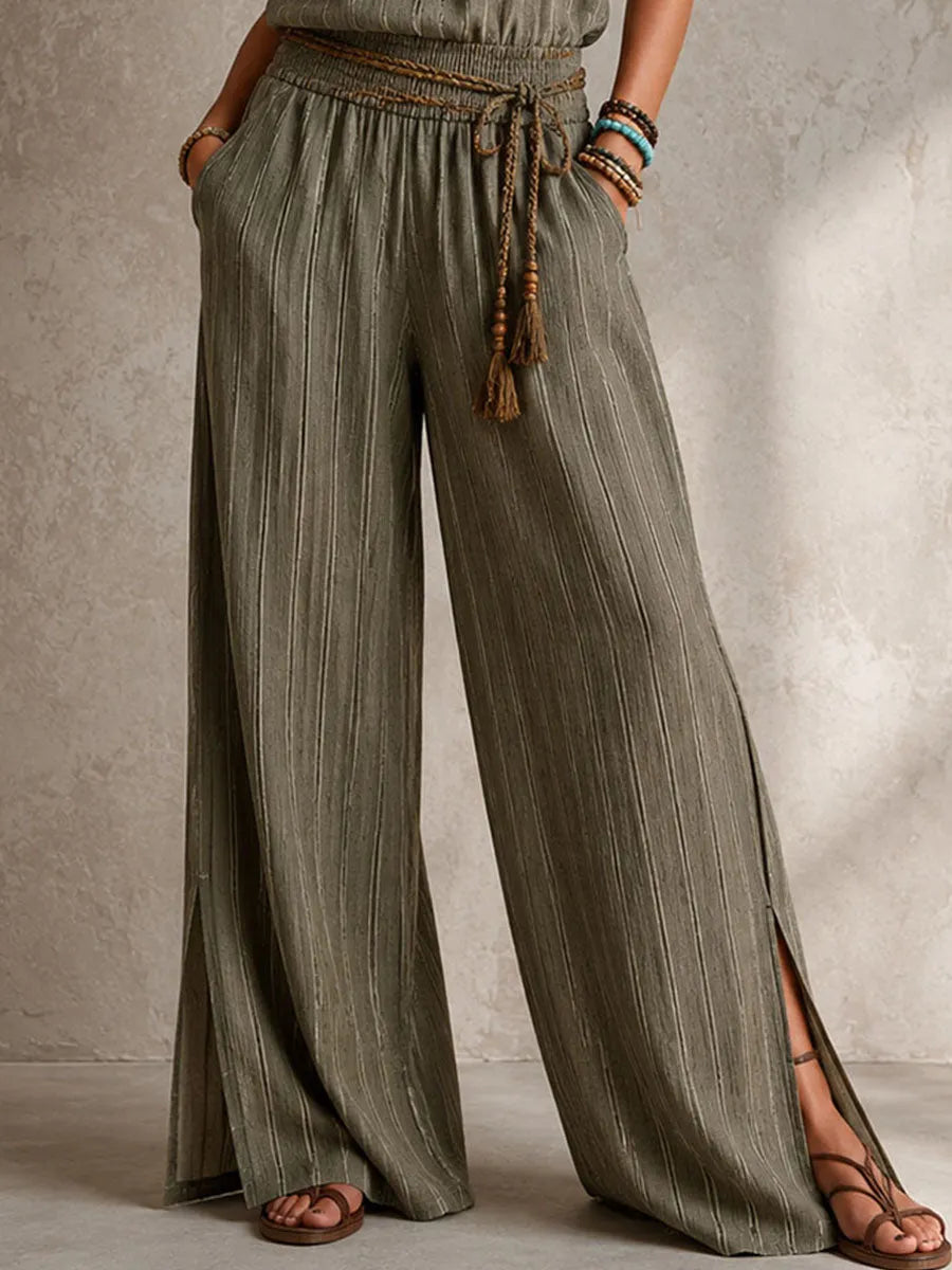 Boho Olive Stripe Halter Smocked Waist Wide-Leg Jumpsuit