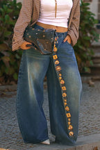 Gold-Motif Embellished Wide-Leg Jeans