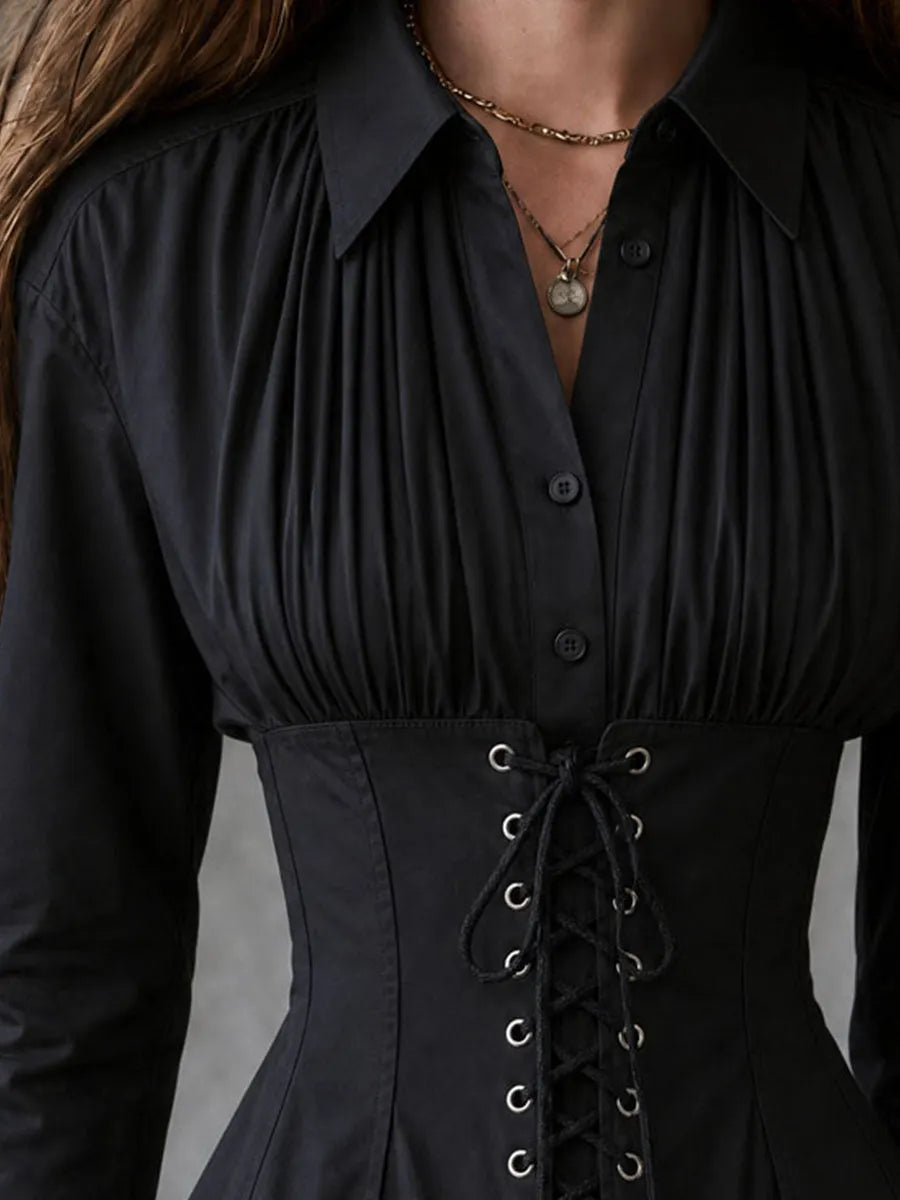 Vintage Black Collar Pleated Front Lace-Up Corset Shirt