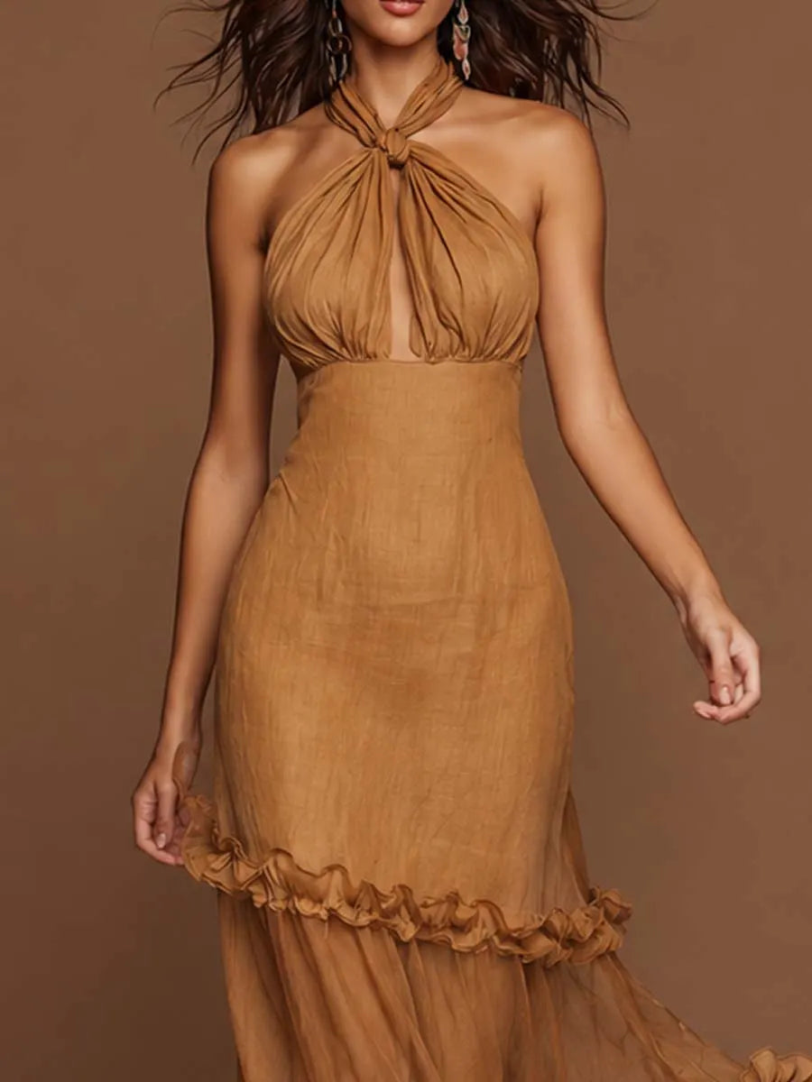 Elegant Tie Halter Keyhole Front Tiered Ruffle Tencel-linen Blend Midi Dress