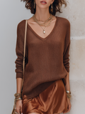 Copper Brown Bohemian V Neck Knitted Top And Satin Skirt Set