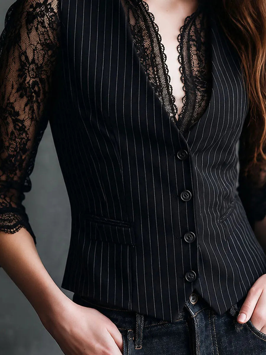 Retro Elgant Black Pinstripe Vest With Lace Sleeve