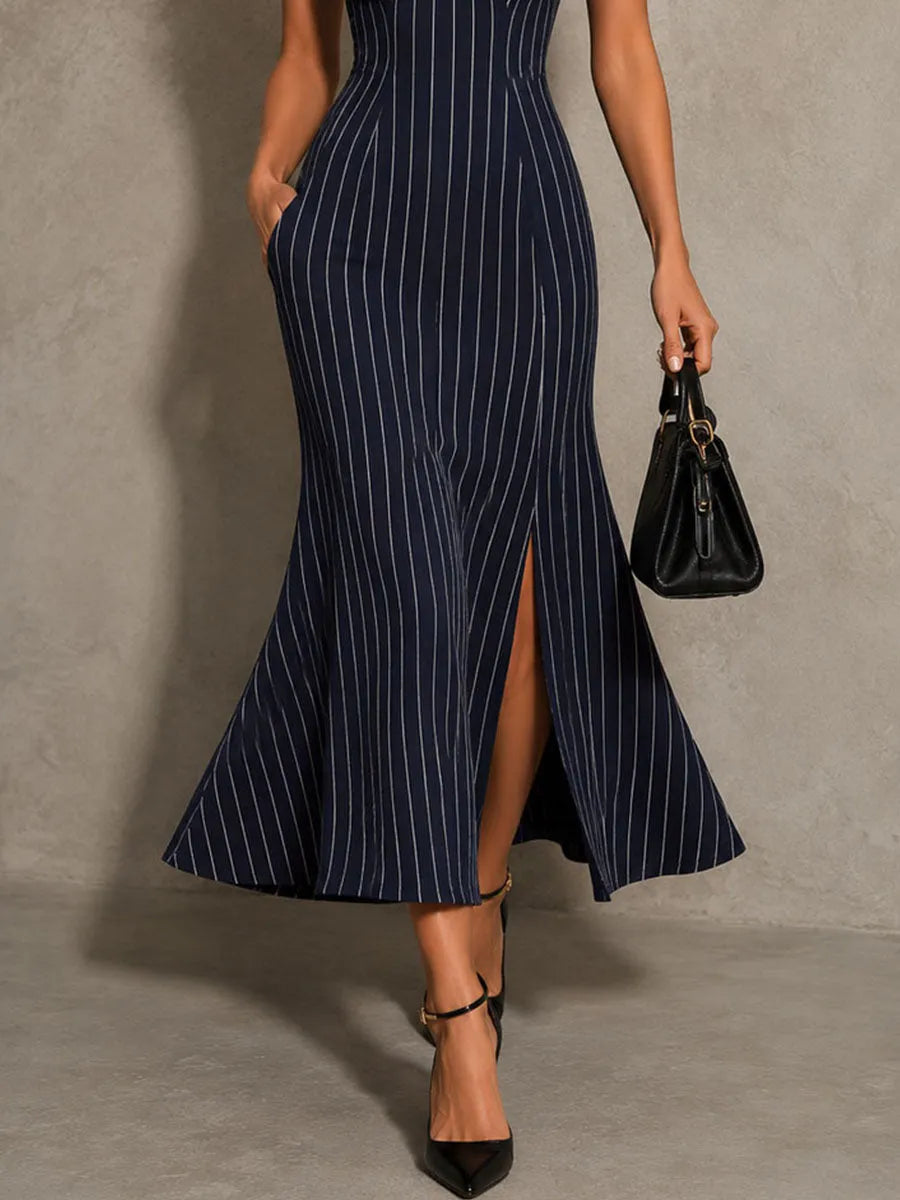 Retro Elegant Navy Pinstripe Slit Midi Dress