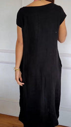 Women's Round Neck Loose Casual Cotton and Linen Dress