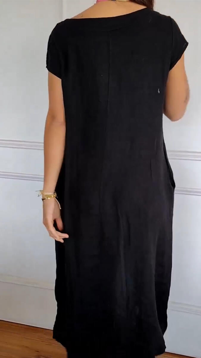 Women's Round Neck Loose Casual Cotton and Linen Dress