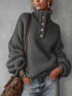 Button-Neck Chunky Knit Sweater