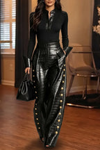 Black Croc-Texture Gold-Button Wide-Leg Pants