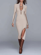 Retro color-blocking Ribbed Knit Zip-Front Bodycon Midi Dress with Thigh Slit
