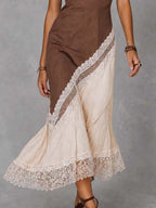 Bohemian Two-Tone Cotton-Linen Lace Trim Midi Dress