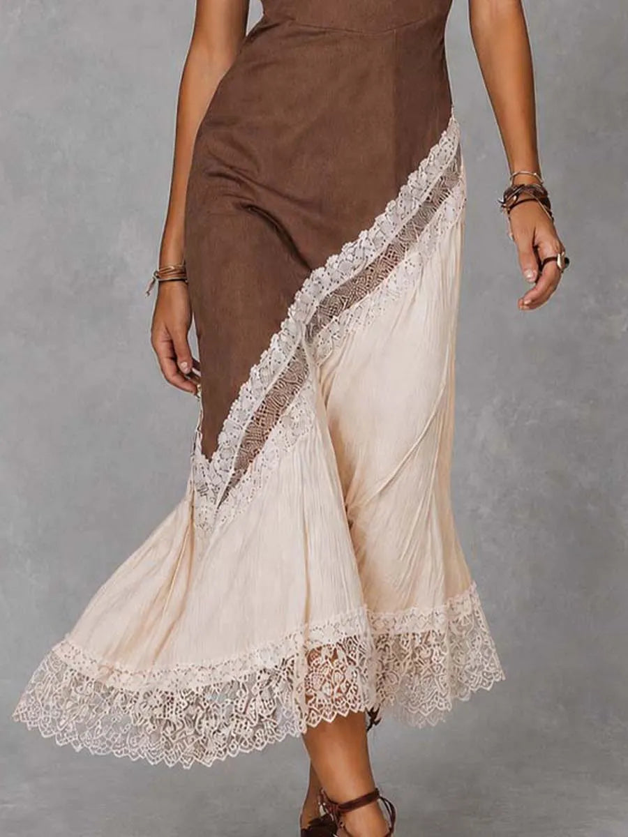 Bohemian Two-Tone Cotton-Linen Lace Trim Midi Dress