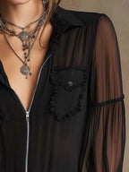 Gothic Collared Zip Front Ruffle Pocket Sheer Puff Sleeve Blouse