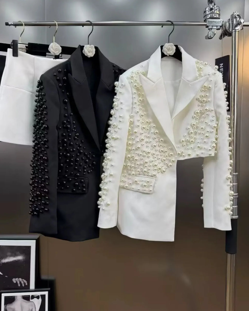 Ivory Pearl-Embellished Asymmetric Blazer & Mini Skirt Set