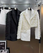 Ivory Pearl-Embellished Asymmetric Blazer & Mini Skirt Set