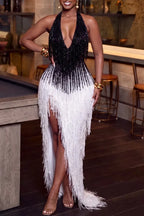 Black-and-White Halter Fringe Slit Maxi Dress
