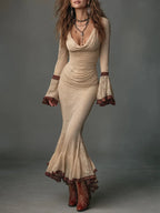 Elegant Draped Neckline Fishtail Hem Lace Maxi Dress