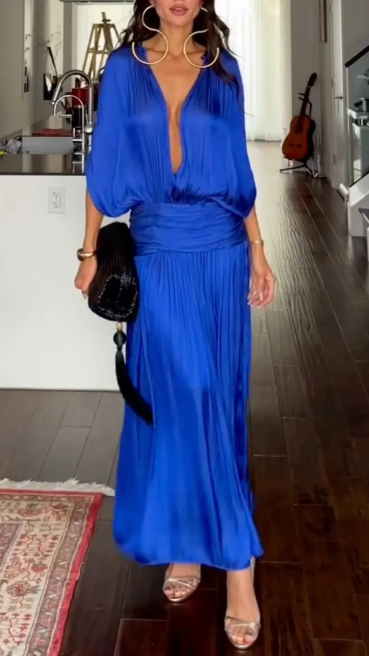 Royal-Blue Plunge-Neck Ruched-Waist Maxi Dress
