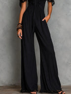 Boho Black Lace Trim Cold-Shoulder Wide-Leg Jumpsuit