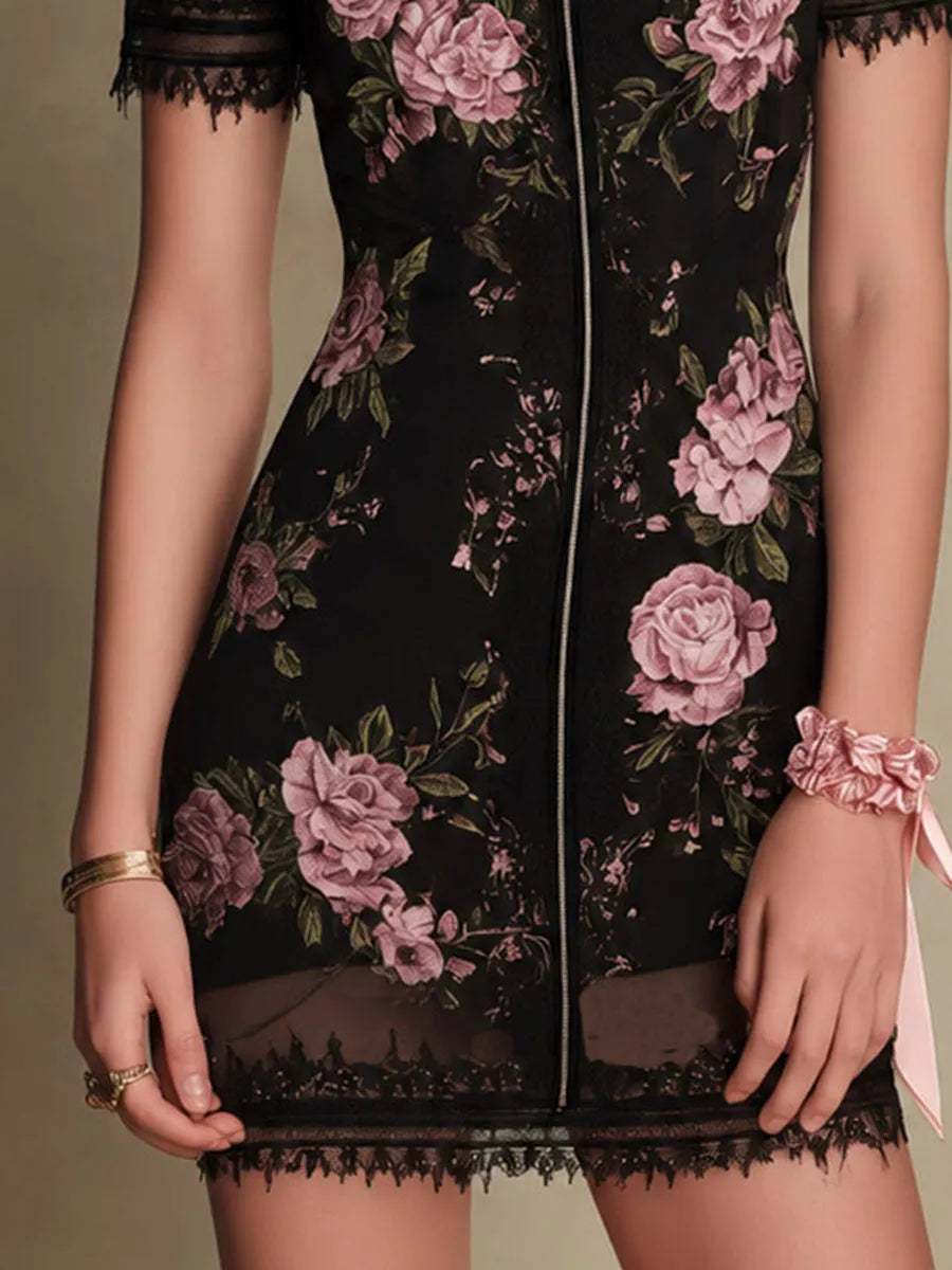 Boho Romantic Black Floral Sheer Mesh Lace Mini Dress