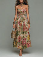 Boho Tropical Print Strapless Smocked Maxi Dress